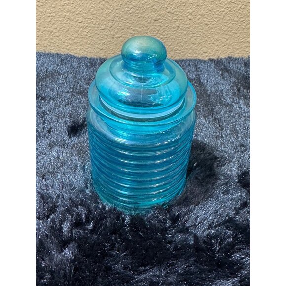 Vintage Blue Ribbed Honey Comb Glass Storage Jar With Lid - Picture 1 of 7